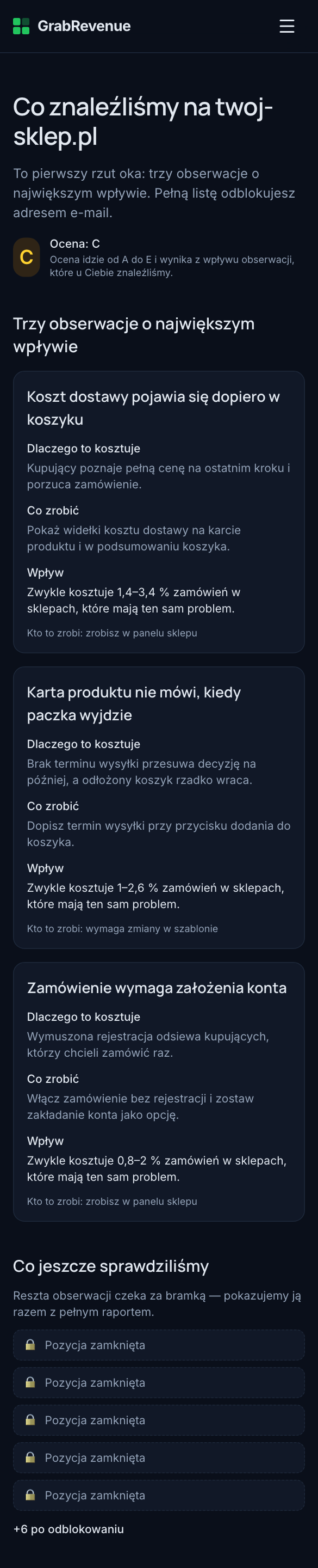 Przykładowy raport na ekranie telefonu: ocena sklepu, trzy obserwacje z opisem i przedziałem wpływu w procentach.